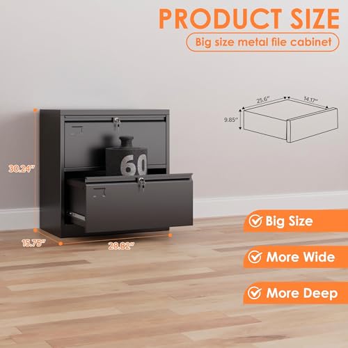 METAN 2 Drawer Lateral File Cabinet with Lock, Black Metal Lateral Filing Cabinet for Home Office, Steel Wide Filing Cabinet Legal/Letter/A4, 28.82" W x 15.75" D x 30.24" H, Assembly Required