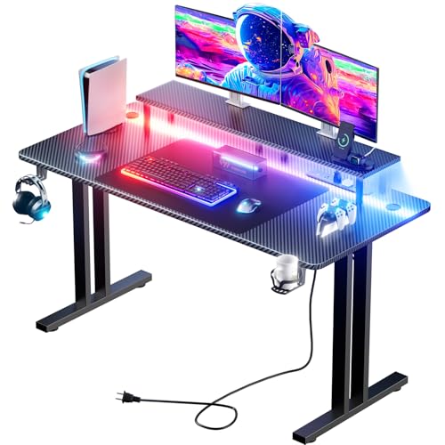 HLDIRECT 47 Inch Gaming Desk with 5 Sockets & LED Lights, Computer Gamer Desk with Monitor Stand, Ergonomic Carbon Fiber Gaming Table Home Office Desk with Cup Holder, Headphone Hook & Mouse Pad
