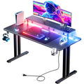 HLDIRECT 47 Inch Gaming Desk with 5 Sockets & LED Lights, Computer Gamer Desk with Monitor Stand, Ergonomic Carbon Fiber Gaming Table Home Office Desk with Cup Holder, Headphone Hook & Mouse Pad