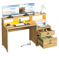 Bestier 55" Computer Desk with Power Outlets & LED Lights, Home Office Desk with Lockable File Drawer & Printer Shelf, Monitor Stand, Modern Workstation for Gaming Study, Natural Oak