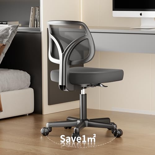 KSYEBT Small Office Desk Chair, Ergonomic Adjustable Home Office Swivel Chairs with Wheels, Comfy Mesh Rolling Computer Desk Task Armless Chair for Home, Bedroom, Study, Adults, Classic Black