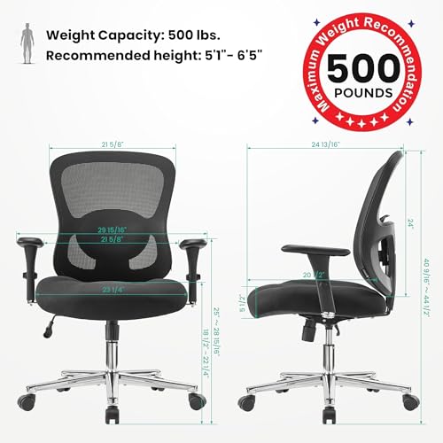 EUREKA ERGONOMIC Big and Tall Office Chair for Heavy People, Hoss 500lbs Heavy Duty Office Chair Mesh Ergonomic Desk Chair with Armrest, Rolling Chair with Wide Comfy Seat for Adult, Black