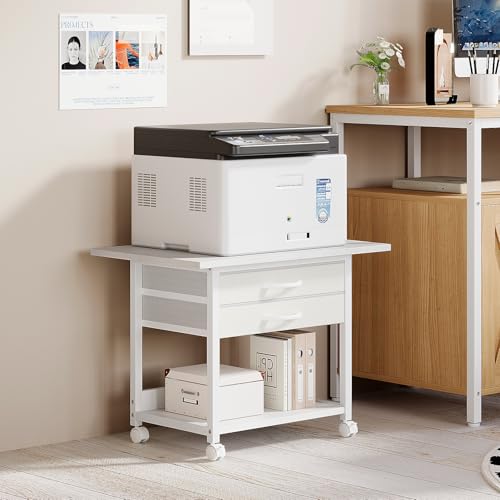 VENNQD Large Printer Stand with Storage Fabric Drawer Under Desk Printer Table with Wheels for Home Office, Printer Cart fit Fax Machine Scanner 23.4"x15.7" (White, 2 Tiers)