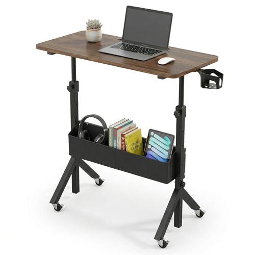 HUANUO Mobile Standing Desk with Wheels and Storage Basket, Height Adjustable 28.7"-46.1" Rolling Desk for Walking Pad, Small Space Laptop Computer Workstation for Home Office