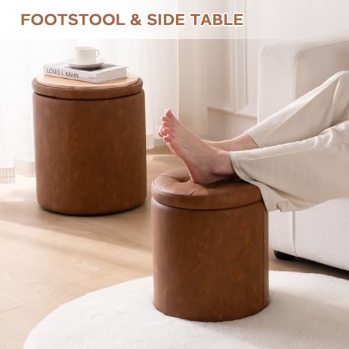 Round Ottoman with Storage Set of 2, 12.6"W x 14.17"H & 14.76"W x 17.32"H Faux Leather Button Tufted Storage Ottoman, Boucle Vanity Stool Footrest Coffee Table for Living Room, Bedroom, Brown