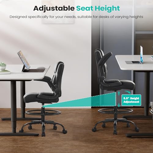 Drafting Chair, Tall Office Chair for Standing Desk, 500Lbs PU Leather Ergonomic Chair with 90 °Flip-up Armrests, Adjustable Foot Ring & Height, for Home, Drawing, or Counter Use(Black)