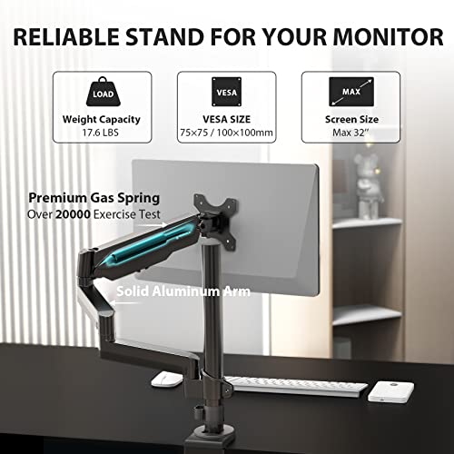 EUREKA ERGONOMIC Single Monitor Desk Mount, Adjustable Gas Spring Monitor Arm for LCD PC Screen 13-32 inch, Max 17.6 LBS, Computer Monitor Stand W C Clamp & Grommet Base, VESA 75x75mm,100x100mm, Black