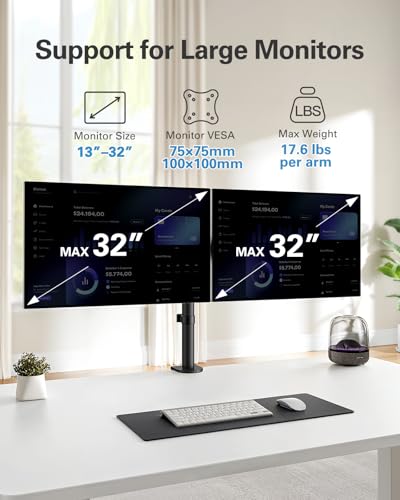 HUANUO Dual Monitor Mount up to 32 Inch Screens, Heavy-Duty Steel Dual Monitor Stand, Full Motion Adjustable Arm with Tilt, Swivel, Rotate, Holds up to 17.6 lbs per Arm, VESA 75/100mm