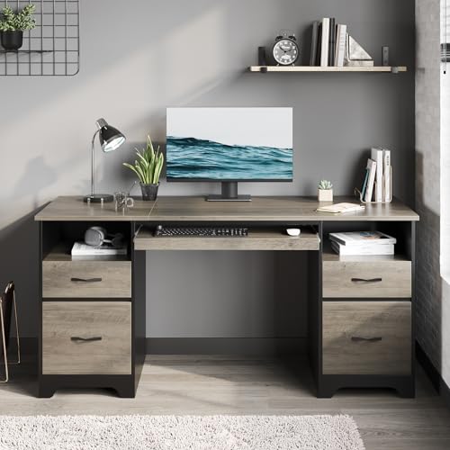Bestier 59 Inch Office Desk with 4 Drawers, Computer Desk with Storage, Executive Desk with File Drawer, Keyboard Tray & 2 Pedestals on Both Sides for Home Office, Studio, Grey&Black