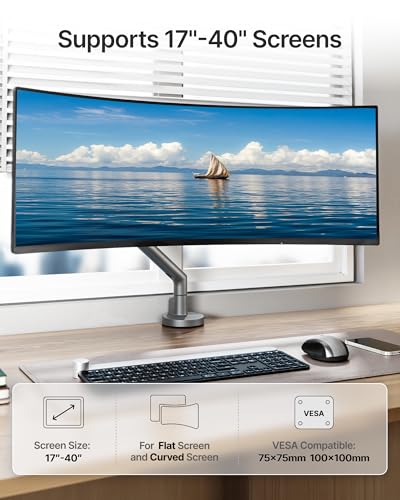 monTEK Heavy Duty Single Monitor Arm for 17-40 Inch Screens, Full Motion Monitor Mount Up to 26.4 lbs, Aluminum Monitor Stand with VESA 75/100mm, C-Clamp/Grommet Base for Curved Screens, Gray