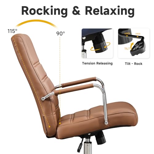 Office Desk Chair Leather, Conference Room Chairs with Wheels, Modern Executive Office Chairs Adjustable Height, Ergonomic Swivel Rolling Ribbed Computer Chair(Brown)