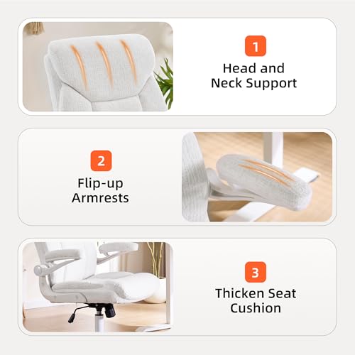 Home Office Ergonomic Desk Chair - Comfy Fabric Executive Chair with Flip-Up Armrests, Height Adjustable Computer Chair for Gaming, 360° Swivel & Rocking (White)