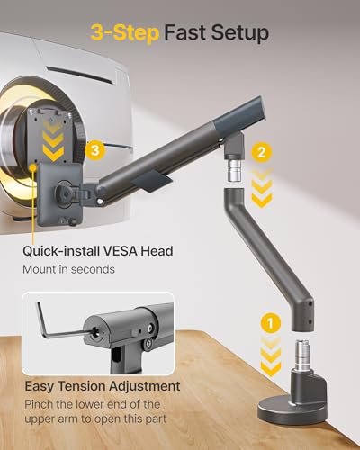 monTEK Heavy Duty Single Monitor Arm for 17-40 Inch Screens, Full Motion Monitor Mount Up to 26.4 lbs, Aluminum Monitor Stand with VESA 75/100mm, C-Clamp/Grommet Base for Curved Screens, Gray