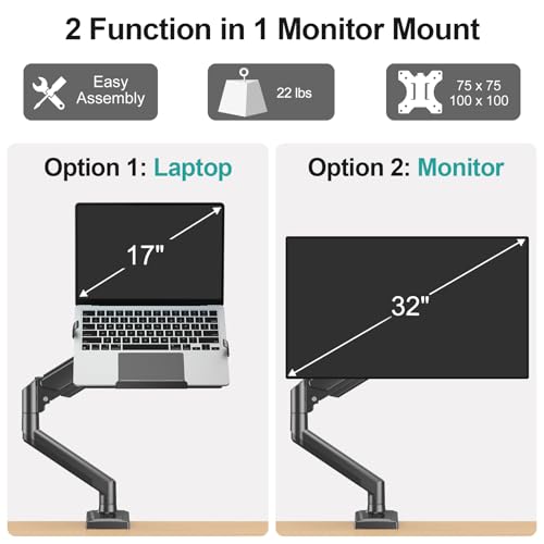MOUNT PRO Laptop Arm Mount for Desk, 2 in 1 Function Monitor Laptop Stand, Fits Max 17" Notebook and 32" Computer Screen, Aluminum Single Monitor Holder with Adjustable Tray, Holds up to 22lbs