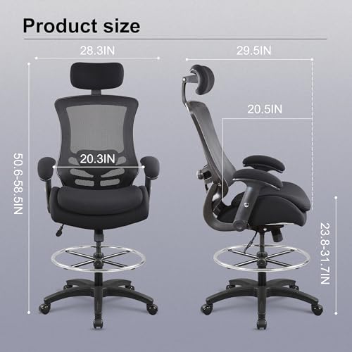 BOLISS 400lbs Ergonomic Drafting Chair,Tall Office Mesh Chair, Standing Desk Chair,Height Adjustable Armrest and Flip up Arms, Adjustable Lumbar Cushion (Black Frame Black Mesh)