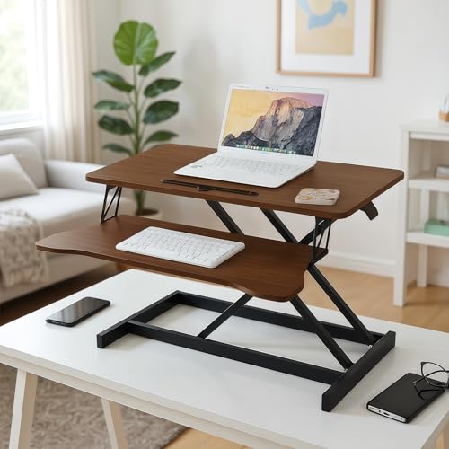 GOAWGO Standing Desk Converter, 32 Inch Wide, Height Adjustable Sit to Stand Workstation Riser, Dual Monitor with Wide Keyboard Tray for Home Office (Walnut)