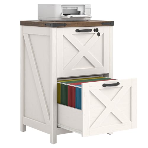 Halitaa 2 Drawer Small File Cabinet with Lock, Farmhouse Vertical Filing Cabinet Fits Letter and A4 Size, Under Desk Wooden File Cabinets for Home Office, Printer Stand, Rustic White