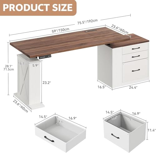 Homiflex 75.5'' Electric Standing Desk with Drawers, Farmhouse Height Adjustable Corner Desk, Sit Stand Office Desk with 4 AC Outlets & Type C Port, Executive Computer Desk, Brown & White