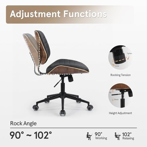 Sytopia Small Desk Chair for Home Office, Adjustable Height Swivel Armless Office Chair No Arms, Mid Century Modern Chair with Wheels, Walnut Wooden Sturdy Furniture, Easy Assembly, Vintage Black