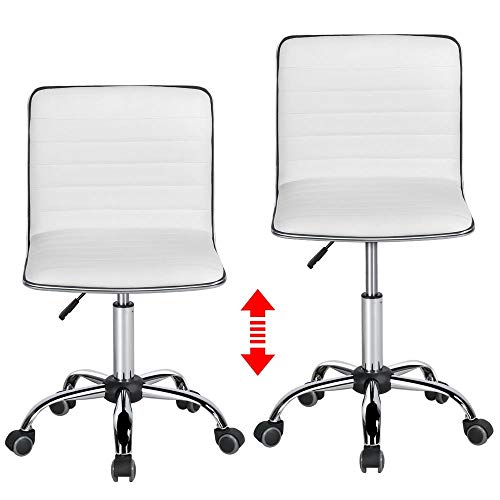 Yaheetech Adjustable Task Chair PU Leather Low Back Ribbed Armless Swivel White Desk Chair Office Chair Wheels