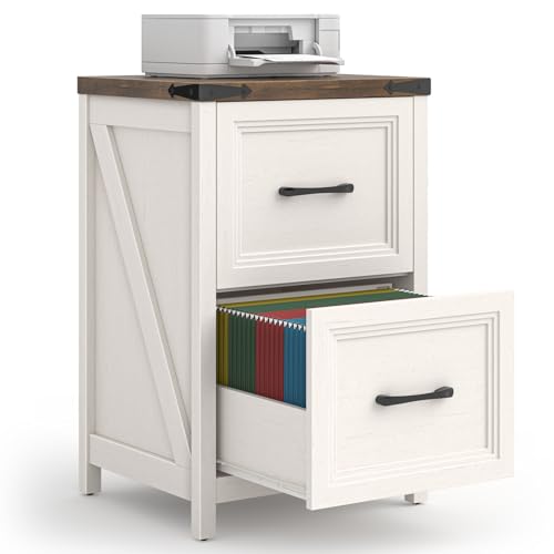 Vabches 2 Drawer Vertical File Cabinet, Wood Farmhouse Filing Cabinet Fits A4/Letter Size, Under Desk Small File Cabinets Printer Stand with Storage for Home Office, White and Brown