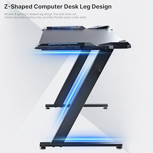 EUREKA ERGONOMIC Gaming Desk with LED Lights Home Office RGB Table, Small Gaming Desk, Computer Table, Black