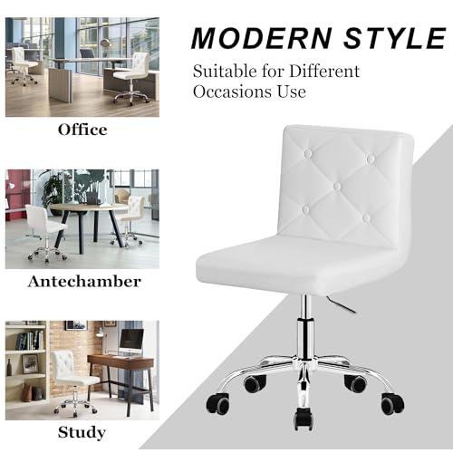 VECELO PU Leather Mid-Back Armless Vanity Chair Adjustable Height 360° Rolling Swivel for Home Office Work, White