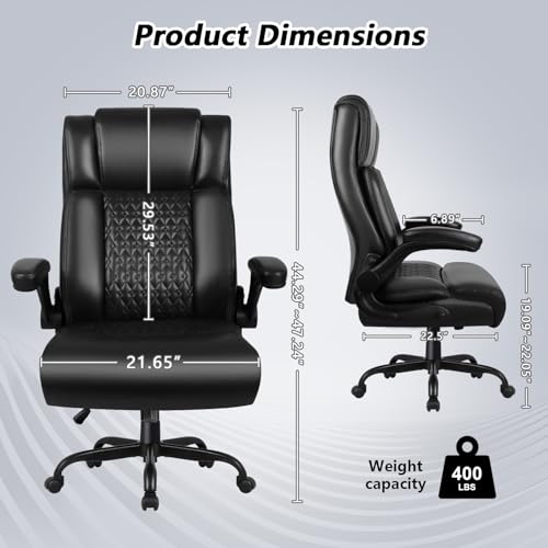 VENDORZ Office Chair, Big and Tall 400LBS Heavy Duty Executive Office Desk Chair with Flip-up Armrest, Ergonomic Swivel High Back Office Chairs with Lumbar Support, PU Leather (Black)