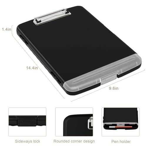 Piasoenc Clipboard with Storage, 8.5 x 11 Organization Box with Pen Holder and A4 Legal Paper Folder, Folio & Side-Opening, Low Profile Clip,for Nurses,Teachers, Size 14 x 9.6 x 1.2 in, Black