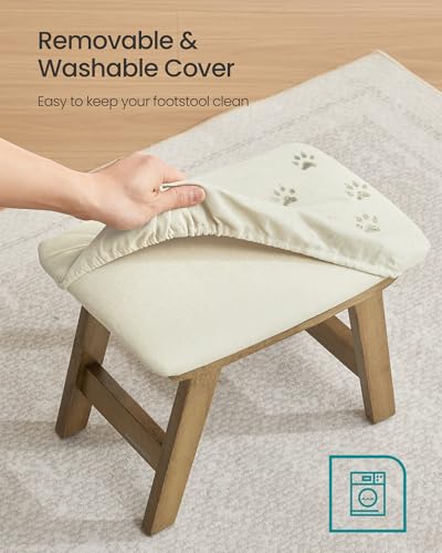 SONGMICS Foot Stool Ottoman, Padded Foot Rest Under Desk with Solid Wood Frame, Removable Cover, for Living Room, 9.8 x 15.4 x 11.8 Inches, Summer Sand and Brown ULSF052LF01