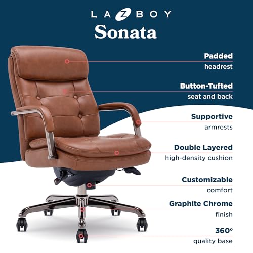 La-Z-Boy Sonata Executive Mid-Back Office Chair, Button-Tufted Seat and Back, Double-Layer Cushion, Padded Armrests, Ergonomic Computer DeskChair, Swivel Metal Base, Bonded Leather, Cognac/Graphite
