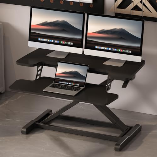 FLEXISPOT 32" Standing Desk Converter, Space-Saving Desktop Riser for Home Office, Sit Stand Computer Workstation for Laptop & Dual Monitor Setup, Black