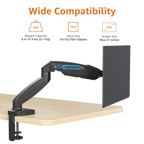 Amazon Basics Gas Spring Single Computer Monitor Arm Desk Mount, Adjustable, Holds up to 27" Monitors, Black