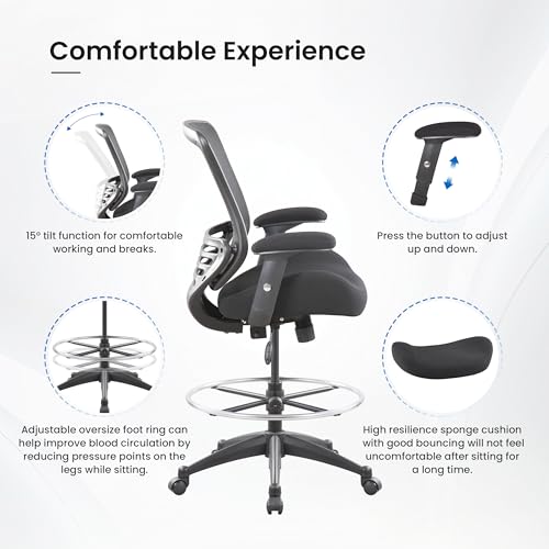 BOLISS 400lbs Mid Back Mesh Ergonomic Drafting Chair for Standing Desk Office Wide Chair Built-in Lumbar Support Big Adjustable Foot Ring Height Adjustable Armrest (Black)