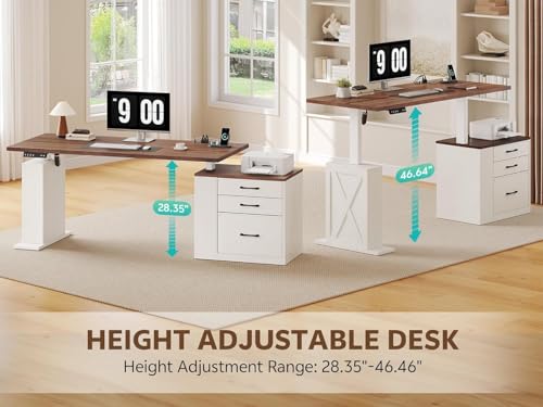 Homiflex 75.5'' Electric Standing Desk with Drawers, Farmhouse Height Adjustable Corner Desk, Sit Stand Office Desk with 4 AC Outlets & Type C Port, Executive Computer Desk, Brown & White