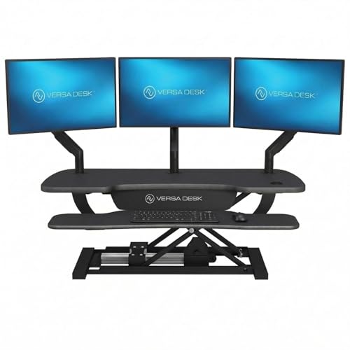 VERSADESK PowerPro 40 Inch Electric Standing Desk Converter – Push-Button Height Adjustable Sit to Stand Desk Riser for Triple Monitors & Laptop – Motorized Desktop Workstation with Wide Keyboard Tray