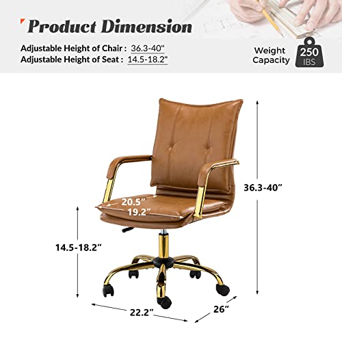 HULALA HOME Faux Leather Home Office Desk Chair, Adjustable Swivel Computer Chair with Golden Legs and Arms, Comfy Upholstered Task Chair,Camel
