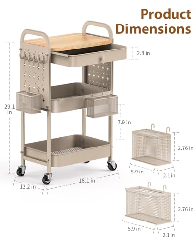 ALVOROG Rolling Cart with Drawer and Wood Table Top, 3 Tier Metal Rolling Utility Cart on Wheels with DIY Pegboards, Hanging Baskets, Hooks for Kitchen, Bedroom, Office, Craft Supplies