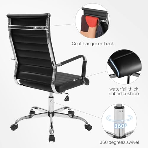 Walmokid Office Desk Chair with Wheels Set of 8, Ergonomic Black Leather Conference Room Chairs Height Adustable | Ribbed High Back | Swivel Rolling Task Chair, Black