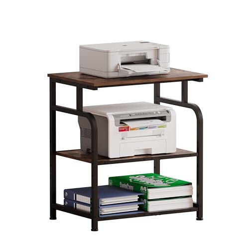 Unionly Large Printer Stand with Adjustable Shelf, 3-Tier Rolling Printer Cart with Wheels, Heavy-Duty Wood Printer Table for Home Office, Heat Press and Laser (Rustic Brown)
