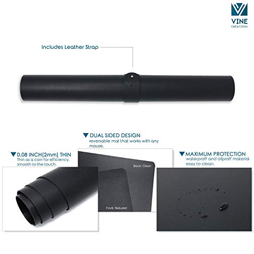 Leather Desk Pad 36" x 20", Vine Creations Office Desk Mat Waterproof Black - Premium Quality - Smooth Mouse Writing Surface - Maximum Protection Dual-Sided Pu Leather Blotter for Desk Office/Home