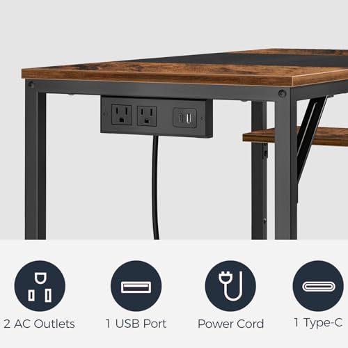 HOOBRO Small Computer Desk, Home Office Desk with Power Outlet, Writing Desk with 2 Shelves, Modern Small Desk for Home Office, Study, Easy to Assemble, Rustic Brown and Black BF43UDN01