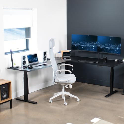VIVO Electric Height Adjustable 84 x 71 inch Corner Memory Stand Up Desk, 2 Black Solid Square Corner Table Tops, Black Frame, L-Shaped Workstation, 3E-S Series, DESK-KIT-3E10SB