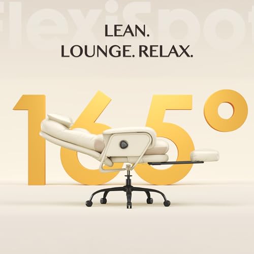 FLEXISPOT Multi-Task Ergonomic Office Chair with Footrest Computer Desk Chairs Indoor Lounge Chair with 90-165° 4-Level Reclining, Chairs for Working Relaxing Sleeping, PU Leather+Iron Base, White