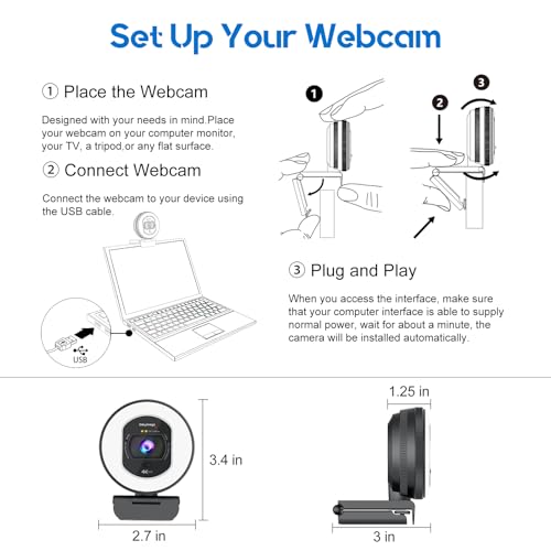 Galyimage 4K Webcam with Ring Light Web Cam 4K Autofocus with TOF Computer Camera 1080P 60FPS Web Camera Built-in Privacy Cover and Microphone Streaming Webcams for Zoom/Skype/Google Meet
