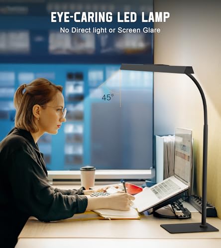 Kaulsoue Desk Lamp for Home Office with Base, Eye-Caring Desk Light with Adjustable Gooseneck, 12W USB Adapter Touch Control 5 Dimmable Brightness & Color Tall Lamp for Work, Computer, Study, Task