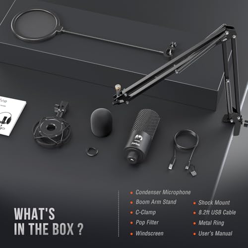 FIFINE Studio Condenser USB Microphone Computer PC Microphone Kit with Adjustable Boom Arm Stand Shock Mount for Instruments Voice Overs Recording Podcasting YouTube Vocal Gaming Streaming-T669