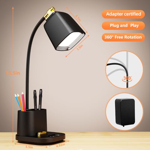 GONDSILY LED Desk Lamp with USB Charging Port Touch Control 3 Color Modes, Stepless Dimming,Eye-Caring LED Table Lamp for Home,Office,Bedroom,Reading,Work,Study,Gooseneck Lamp, 5V, 2.4A