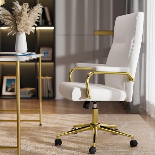 GXJ White and Gold Office Chair with Memory Foam Seat, Computer Desk Chair
