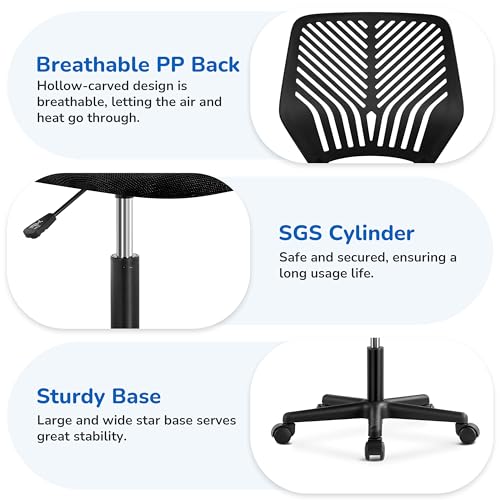Yaheetech Student Desk Chair, Low-Back Armless Study Chair with Lumbar Support, Adjustable Swivel Office Chair for Home Bedroom School, Black